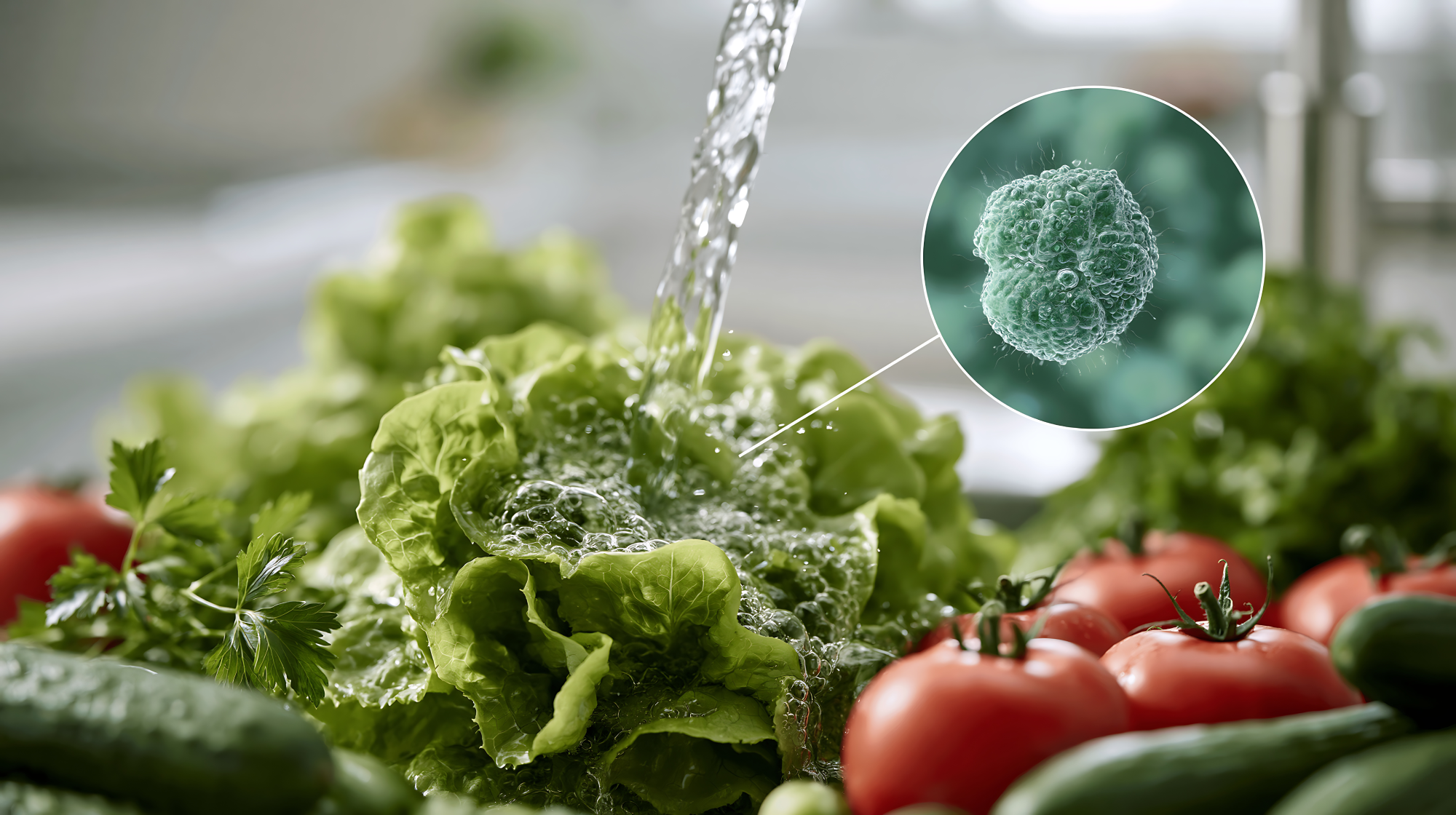 Washing fresh lettuce under running water to reduce Cyclospora contamination risk. Food hygiene, produce safety and kitchen sanitation concept for preventing foodborne illness and protecting public